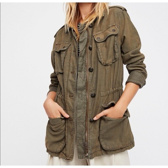Free People Not Your Brothers Surplus Green Military Zip Up Jacket Large L